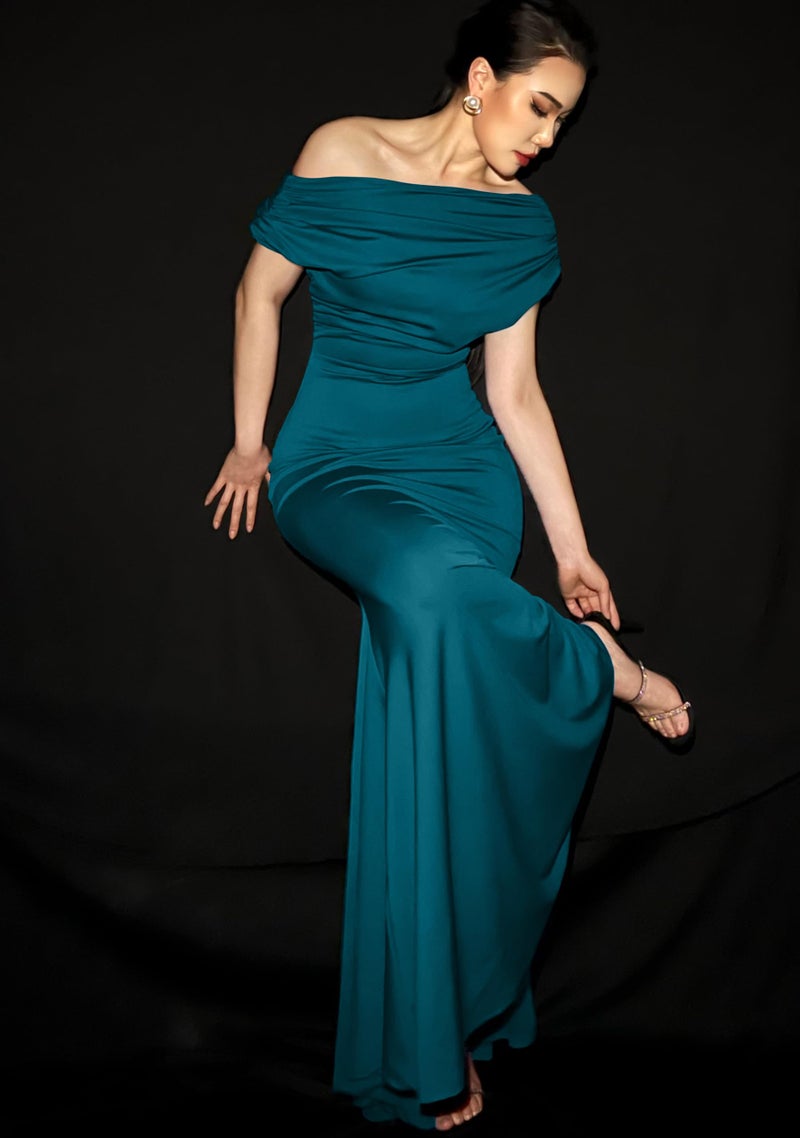 YMDUCH Women's Elegant Sleeveless Off Shoulder Bodycon Long Formal Party Evening Dress Peacock Blue - Image 4
