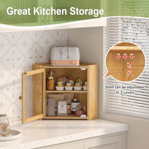 JANSNIMEN Corner Bread Box for Kitchen Countertop, Large Bread Container Storage Vintage Wooden Farmhouse Bread Box with Window for Homemade Bread Holder (Bamboo) - Image 3