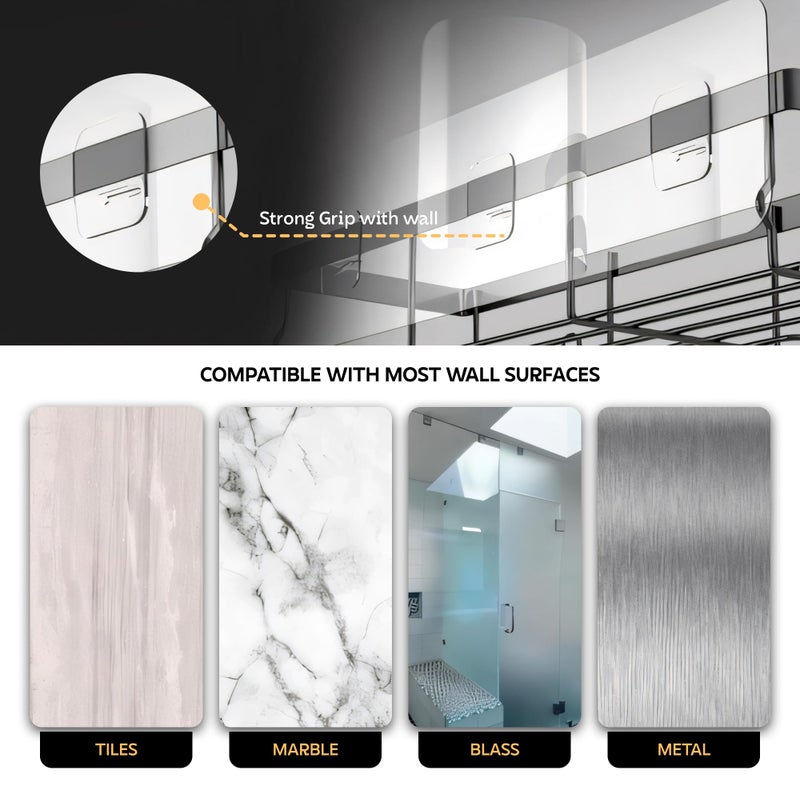 Moforoco Bathroom Organiser Without Drill | Bathroom Accessories with Hooks | Self Adhesive Bathroom Shelf for Wall | Washroom Organiser Made of Strong Quality Metal Black Pack of 2 - Image 5