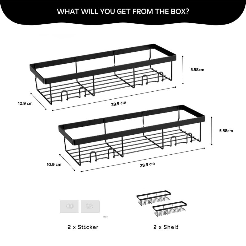 Moforoco Bathroom Organiser Without Drill | Bathroom Accessories with Hooks | Self Adhesive Bathroom Shelf for Wall | Washroom Organiser Made of Strong Quality Metal Black Pack of 2 - Image 3