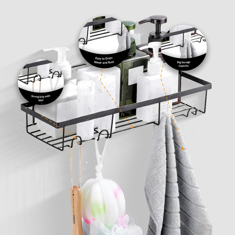 Moforoco Bathroom Organiser Without Drill | Bathroom Accessories with Hooks | Self Adhesive Bathroom Shelf for Wall | Washroom Organiser Made of Strong Quality Metal Black Pack of 2 - Image 2