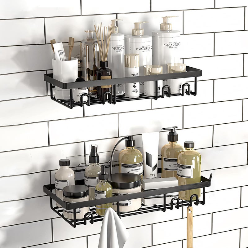 Moforoco Bathroom Organiser Without Drill | Bathroom Accessories with Hooks | Self Adhesive Bathroom Shelf for Wall | Washroom Organiser Made of Strong Quality Metal Black Pack of 2 - Image 1