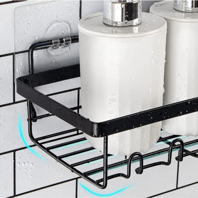 Moforoco Bathroom Organiser Without Drill | Bathroom Accessories with Hooks | Self Adhesive Bathroom Shelf for Wall | Washroom Organiser Made of Strong Quality Metal Black Pack of 2 - Image 4