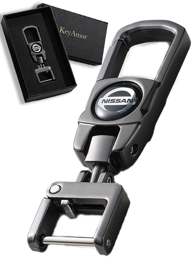 KeyAmor Luxury Metal Nissan Keychain in Gunmetal Colour Stylish Car Key Holder with Strong Lock Simple Design and Durable Build Comes with a Premium Gift Box making it a stylish and useful gift - Image 1