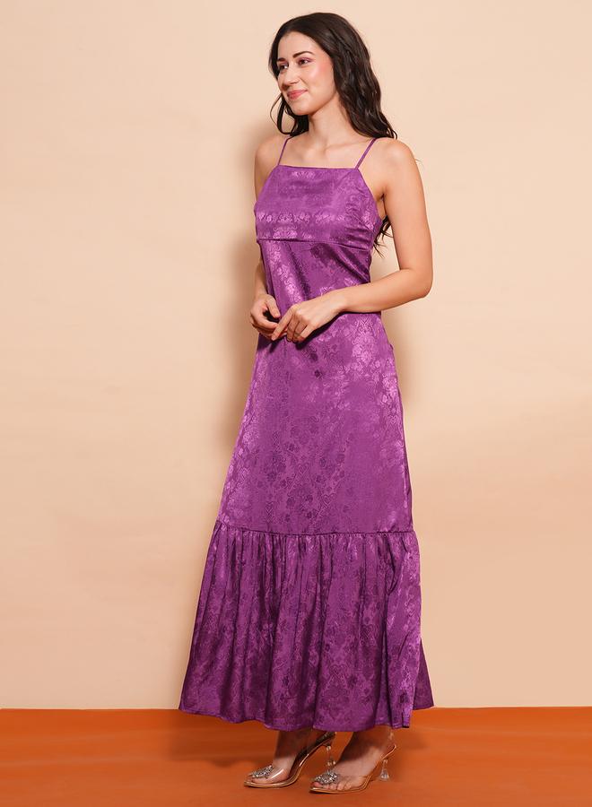 globus Women Purple Self Design Satin Strappy A-Line Maxi Dress - Image 2