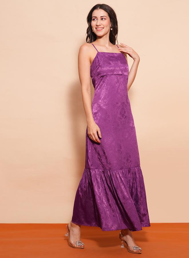 globus Women Purple Self Design Satin Strappy A-Line Maxi Dress - Image 1