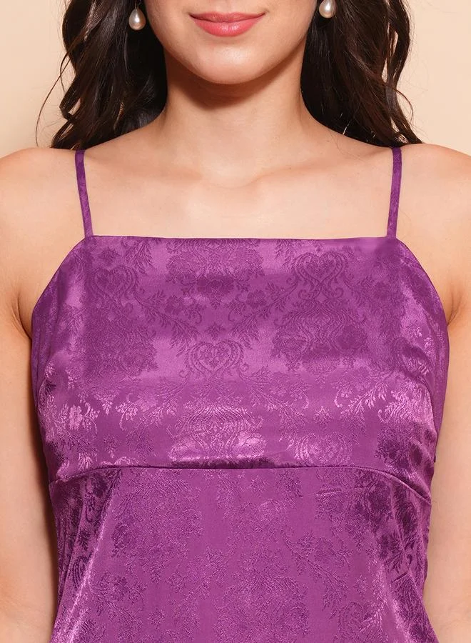 globus Women Purple Self Design Satin Strappy A-Line Maxi Dress