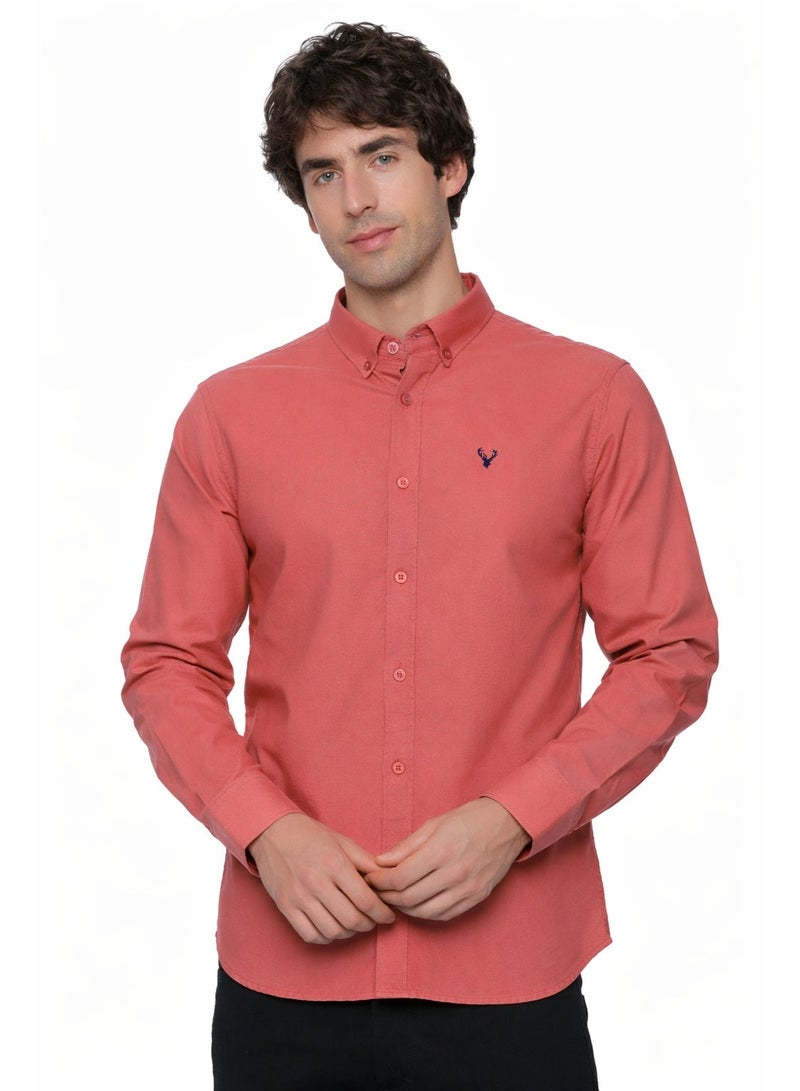 U.S. ELK Men's Button Down Shirt | Casual Slim Fit Shirt | Long Sleeve Oxford Shirts For Men | Smart Fit Cuff- Coral Red - Image 1