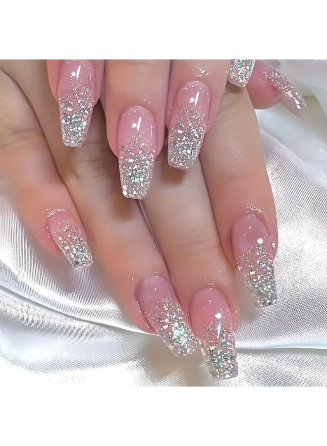 يوكانبي مجموعة أظافر اصطناعية متكاملة: 24 ظفر فضي متدرج باللون الوردي لاصق + مناديل مزيل طلاء أظافر سحرية – قطن خالي من الوبر + 100 حلقة صنفرة للأظافر – حبيبات متنوعة 80#/120#/180# + 24 ظفر طويل متلألئ مع فيونكات من الكريستال + 24 ظفر أوريورا فراشة وكاميليا متدرج – أظافر قابلة للإزالة وصالون احترافي - Image 2