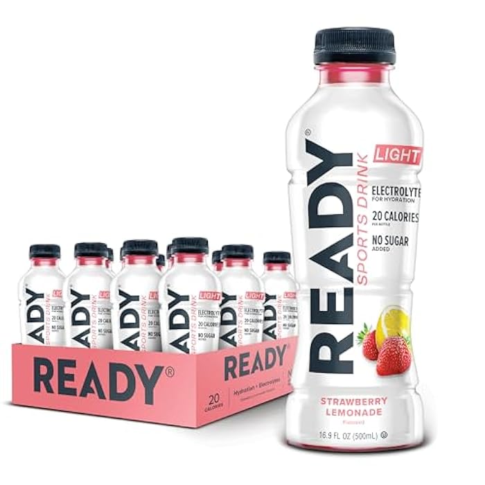 Ready® Sports Drink Light – The Ultimate Low-Calorie Hydration Drink with 4 Different Electrolytes – No Added Sugars – Naturally Sweetened & Flavored – Strawberry Lemonade,16.9 oz (12-Pack) - Image 1