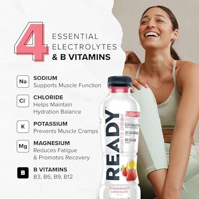 Ready® Sports Drink Light – The Ultimate Low-Calorie Hydration Drink with 4 Different Electrolytes – No Added Sugars – Naturally Sweetened & Flavored – Strawberry Lemonade,16.9 oz (12-Pack) - Image 3