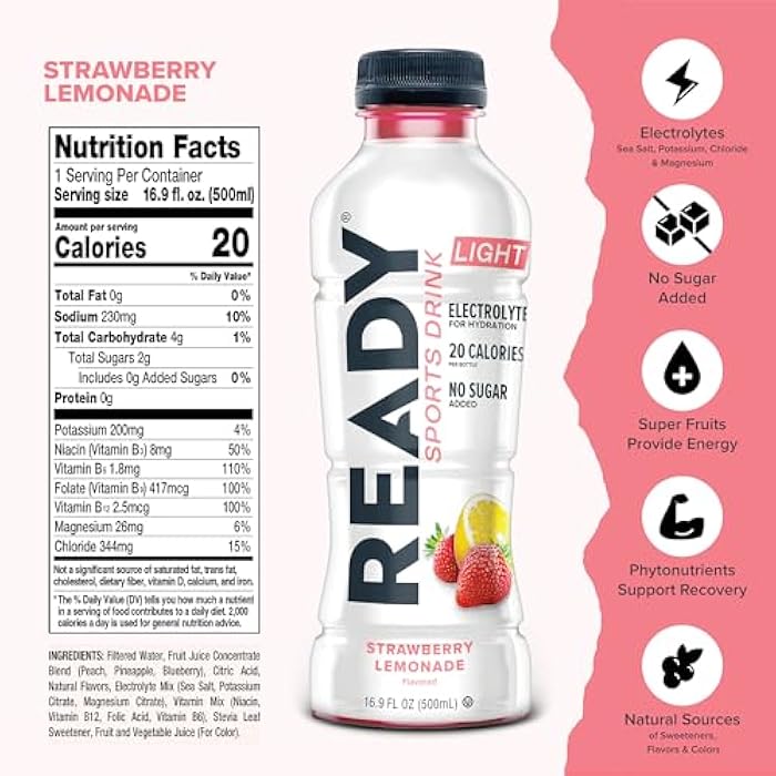 Ready® Sports Drink Light – The Ultimate Low-Calorie Hydration Drink with 4 Different Electrolytes – No Added Sugars – Naturally Sweetened & Flavored – Strawberry Lemonade,16.9 oz (12-Pack) - Image 2
