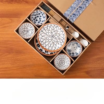Agabani Japanese Asian Cuisine Dinner Set Bowls Serving for Pasta Salad Noodle Dessert Oatmeal Rice Soup Porcelain Bowls for Kitchen Dinner Bowl Set of 142plate4bowl4spoon4chopsticks - Image 1