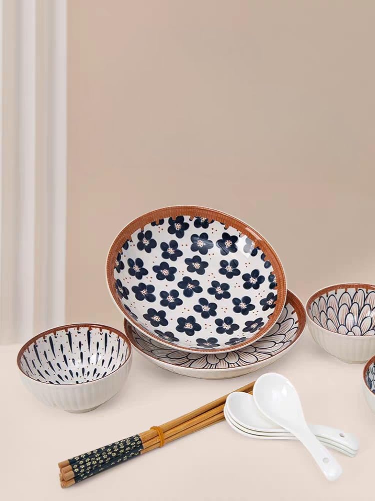 Agabani Japanese Asian Cuisine Dinner Set Bowls Serving for Pasta Salad Noodle Dessert Oatmeal Rice Soup Porcelain Bowls for Kitchen Dinner Bowl Set of 142plate4bowl4spoon4chopsticks - Image 2