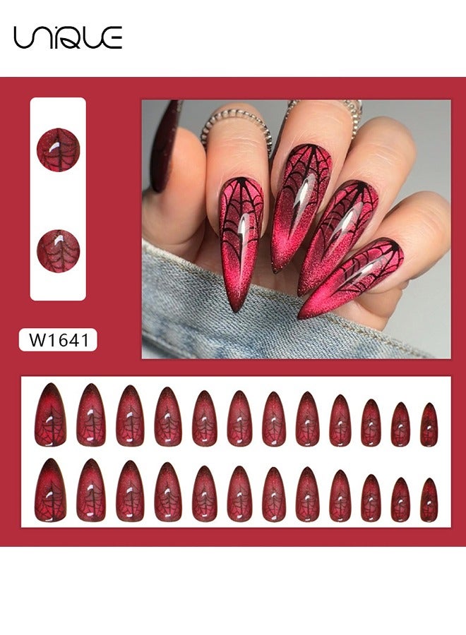 Unique 24Pcs Fake Nails, Press Nails, Long Almond Manicure -  Cat's Eye Red Manicure - Spider Web Nail Art - Fake Nail Patch - Image 2