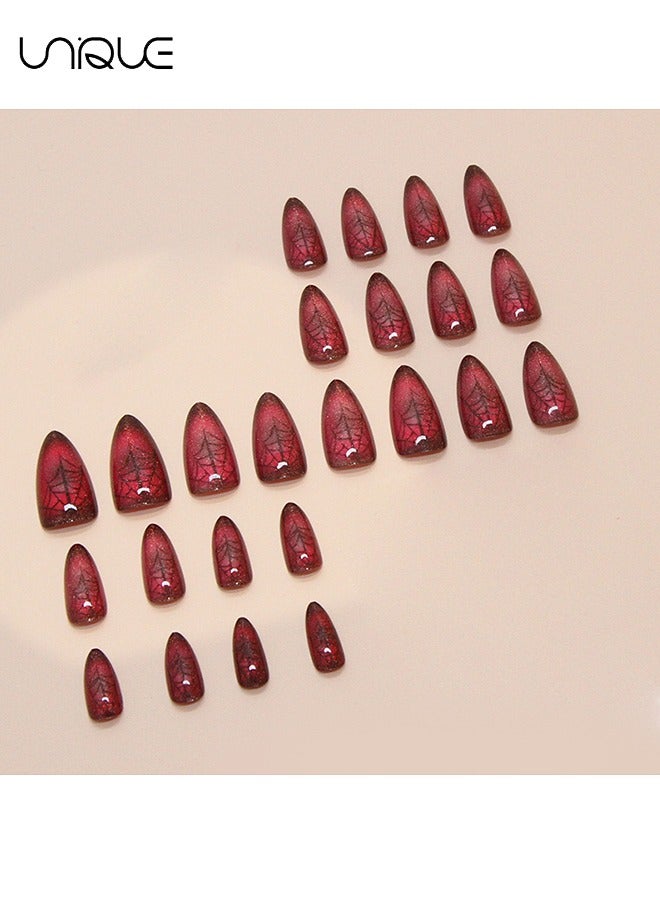 Unique 24Pcs Fake Nails, Press Nails, Long Almond Manicure -  Cat's Eye Red Manicure - Spider Web Nail Art - Fake Nail Patch - Image 3
