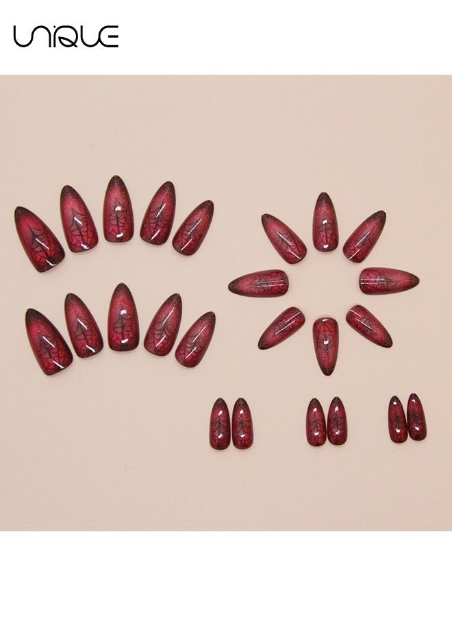 Unique 24Pcs Fake Nails, Press Nails, Long Almond Manicure -  Cat's Eye Red Manicure - Spider Web Nail Art - Fake Nail Patch - Image 4