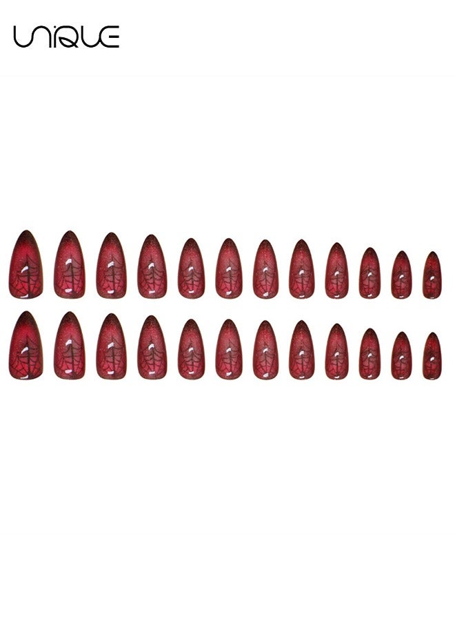 Unique 24Pcs Fake Nails, Press Nails, Long Almond Manicure -  Cat's Eye Red Manicure - Spider Web Nail Art - Fake Nail Patch - Image 5