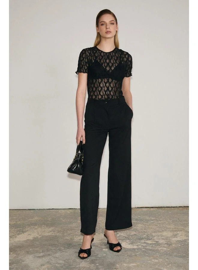 GRIMELANGE VELUTTO Women's Soft-Texture Woven Fabric High-Waist Black Pants.