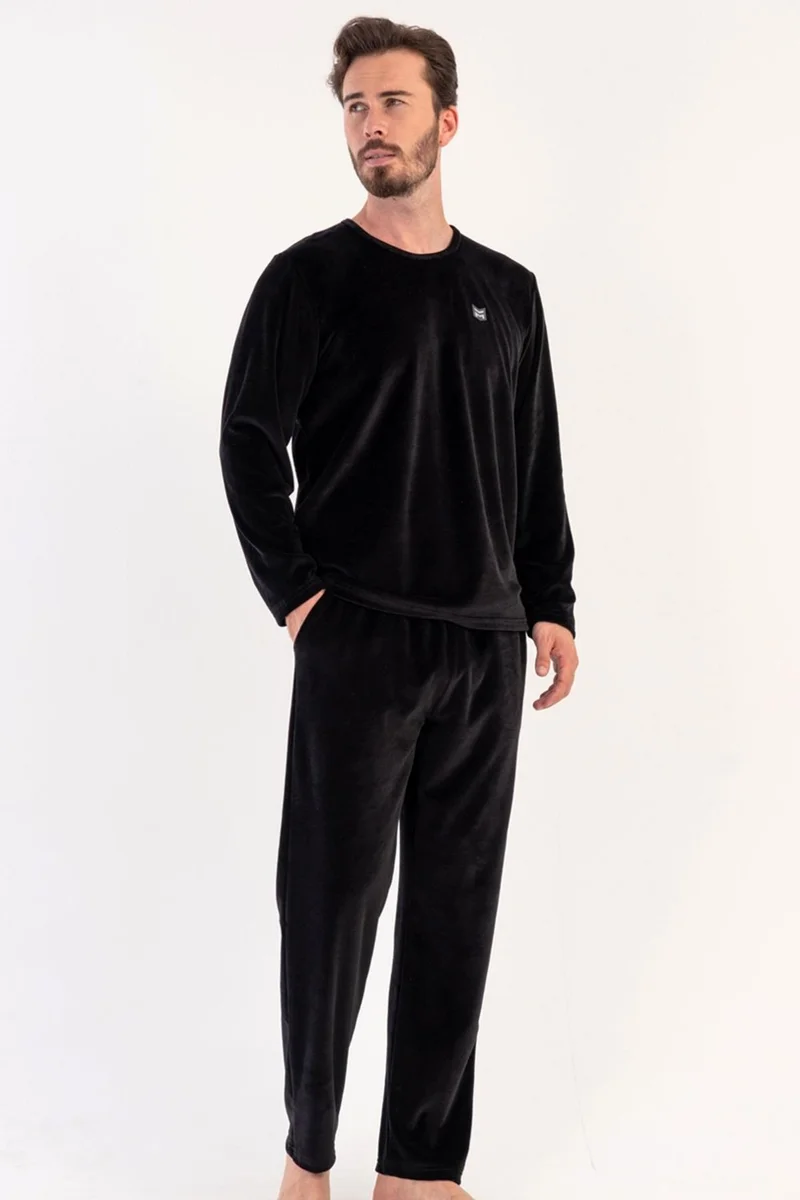 Vienetta Men's Long Sleeve Velvet Black Pajama Set C3T0N6O008