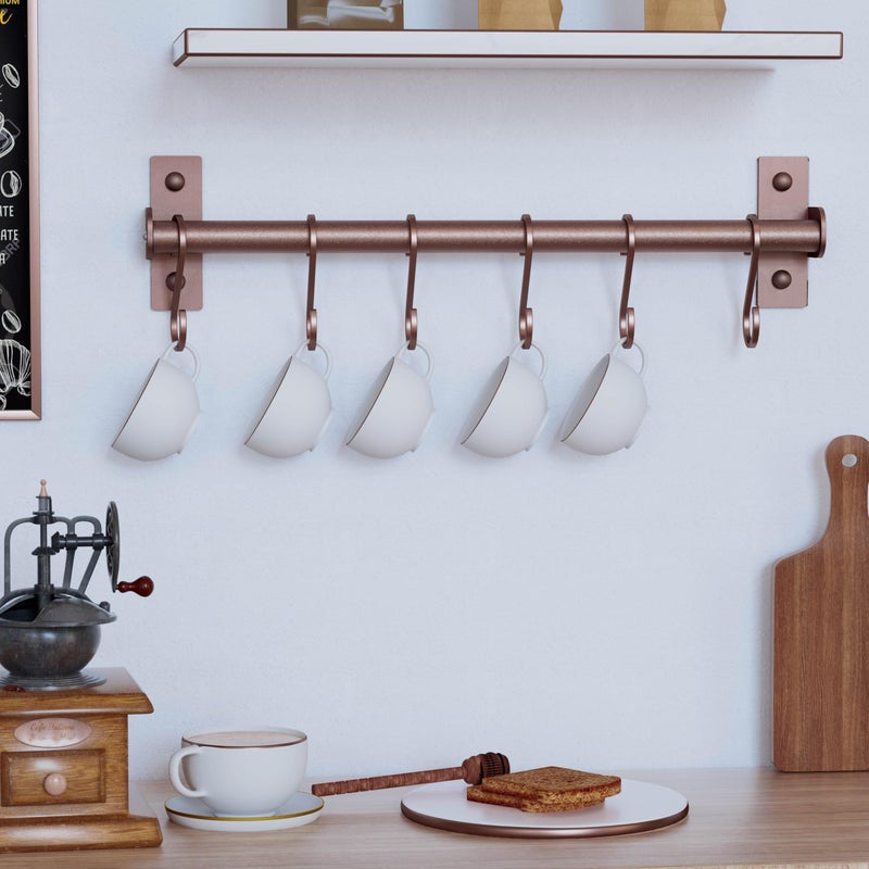 Dseap Kitchen Utensil Holder Hanger, Pot and Pan Rack Wall Mounted, Kitchen Rail with 8 Hooks for Hanging Cooking Utensils, Mugs, Spoons, Wall Mounted, Antique Copper New - Image 4