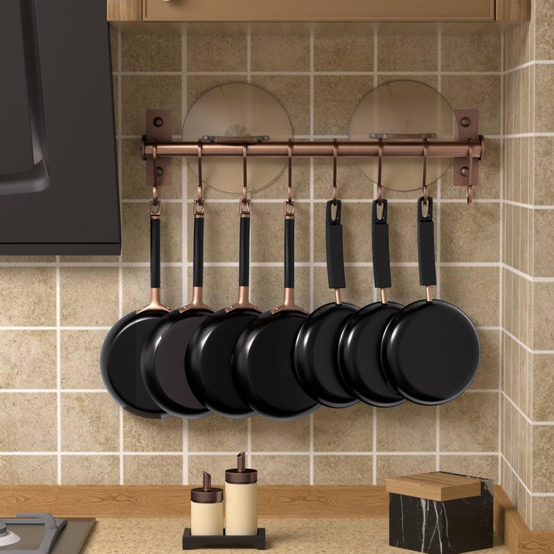 Dseap Kitchen Utensil Holder Hanger, Pot and Pan Rack Wall Mounted, Kitchen Rail with 8 Hooks for Hanging Cooking Utensils, Mugs, Spoons, Wall Mounted, Antique Copper New - Image 3
