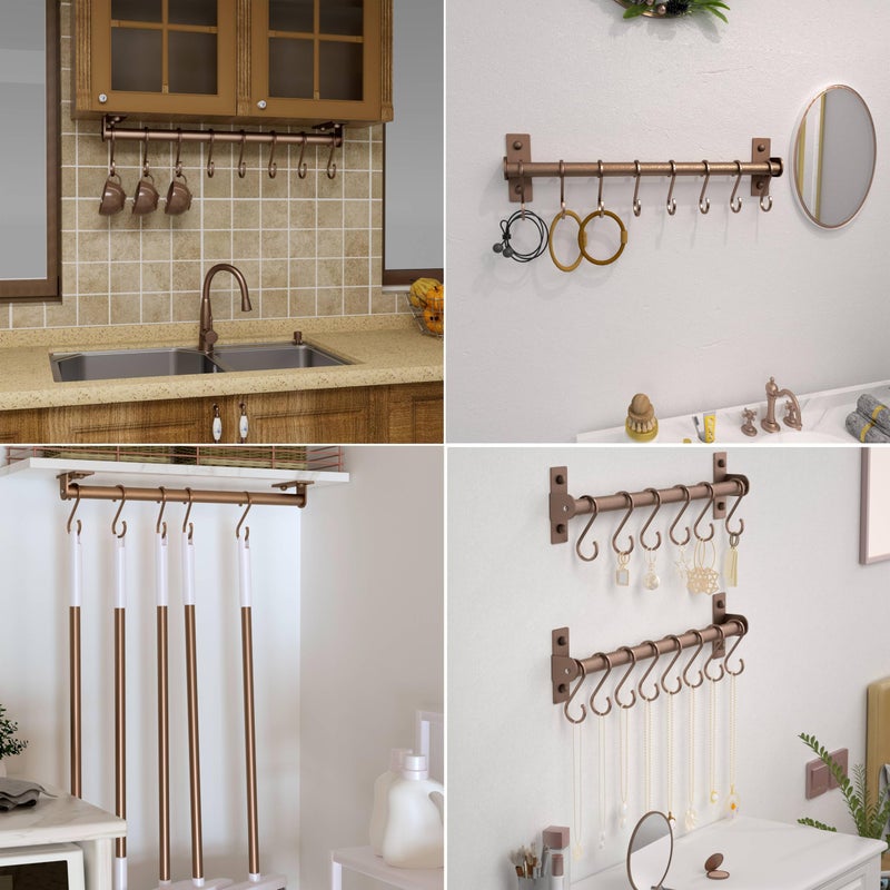 Dseap Kitchen Utensil Holder Hanger, Pot and Pan Rack Wall Mounted, Kitchen Rail with 8 Hooks for Hanging Cooking Utensils, Mugs, Spoons, Wall Mounted, Antique Copper New - Image 5