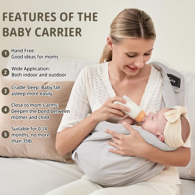 CUBY Baby Carrier by Cuby, Natural Cotton Baby Wraps Sling Baby Holder Extra Comfortable for Easy Wearing Carrying for Newborn, Soft and Adjustable Newborn and Toddler Carrier Slings (Light Gray) - Image 2