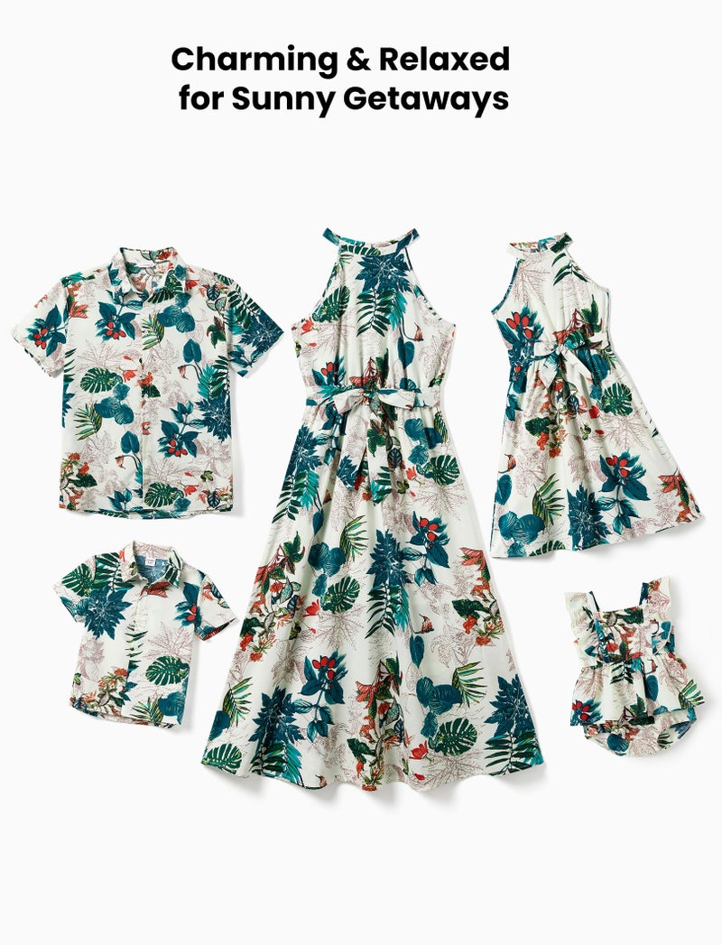 PATPAT Family Matching Hawaiian Outfits Mommy and Me Dresses Matching Set Tropical Palm Leaf Print Halter Neck Sundresses Beach White Green Leaf Hawaiian Dresses - Image 3