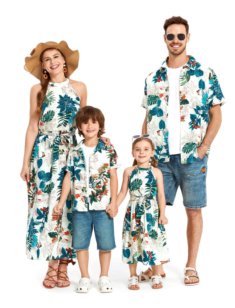 PATPAT Family Matching Hawaiian Outfits Mommy and Me Dresses Matching Set Tropical Palm Leaf Print Halter Neck Sundresses Beach White Green Leaf Hawaiian Dresses - Image 1