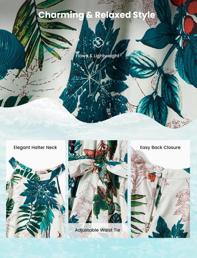 PATPAT Family Matching Hawaiian Outfits Mommy and Me Dresses Matching Set Tropical Palm Leaf Print Halter Neck Sundresses Beach White Green Leaf Hawaiian Dresses - Image 5