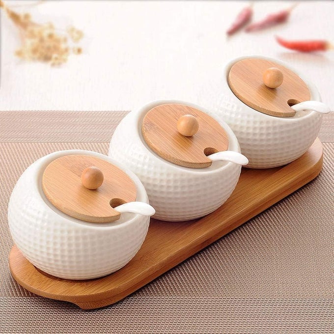 PORCELAIN CONDIMENT JAR SPICE CONTAINER SET WITH BAMBOO LIDS CERAMIC SERVING SPOON WOODEN TRAY IDEAL FOR KITCHEN COUNTER STORAGE