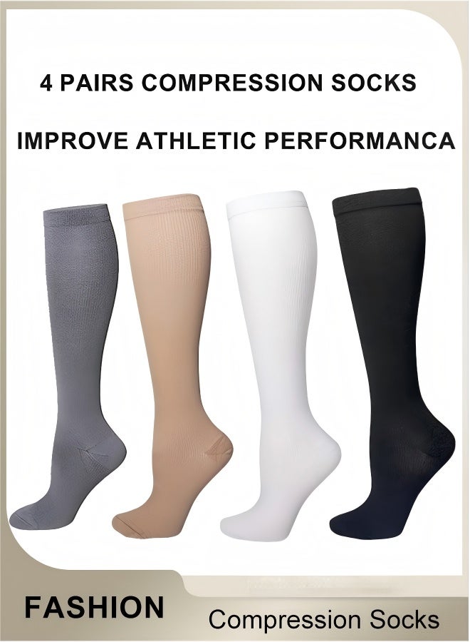 4 Pairs High Compression Socks, Solid Knee High Trouser Socks For Men And Women, Tall Boot Socks Support Circulation Recovery Athletic, Long Socks Fit Running Splints Flight Travel, Comfy Tights Socks - Image 1