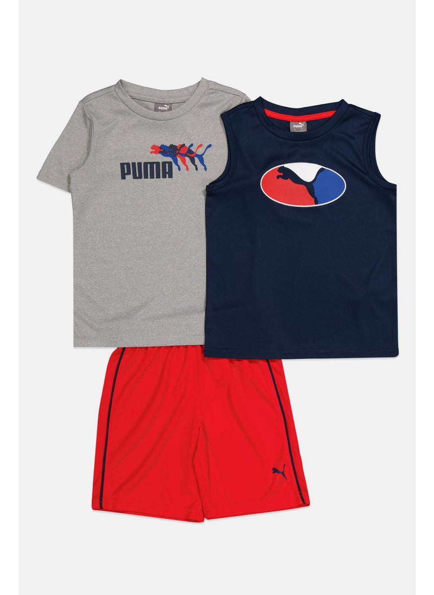 PUMA Kids Boy 3Pcs Brand Logo Top And Pull Shorts Set, Grey/Navy Blue/Red  - Image 1