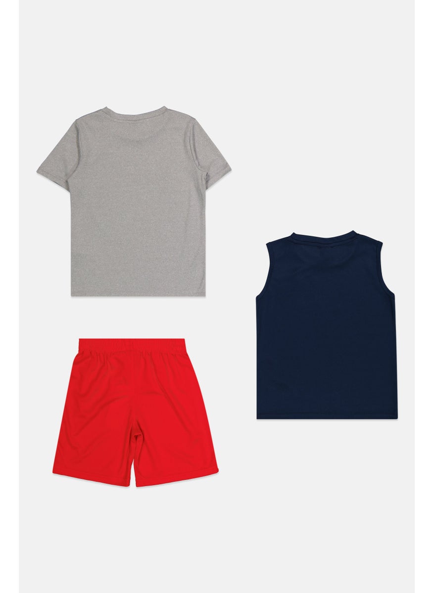 PUMA Kids Boy 3Pcs Brand Logo Top And Pull Shorts Set, Grey/Navy Blue/Red  - Image 2