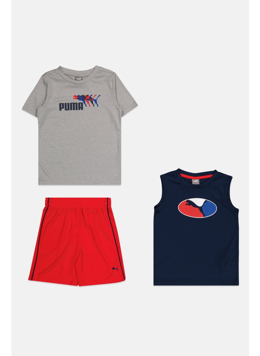 PUMA Kids Boy 3Pcs Brand Logo Top And Pull Shorts Set, Grey/Navy Blue/Red  - Image 3