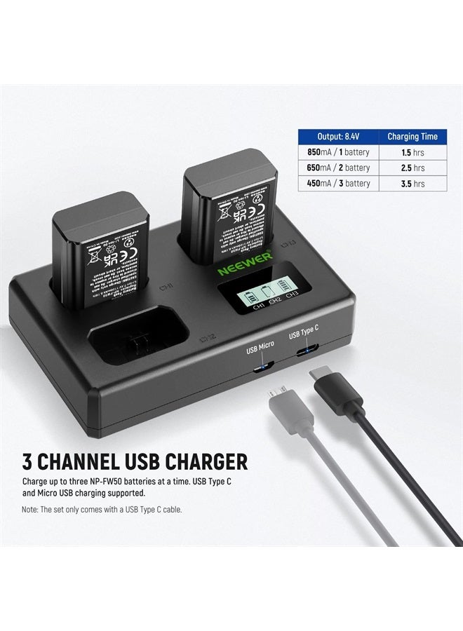 NEEWER NP-FW50 Replacement Battery and Charger Set, 3 Pack 1100mAh NP-FW50 Battery&Triple Slot USB Charger Compatible with Sony ZV-E10 A7 A7R A7RII A7II A7SII A7S A7RII A6300 A6400 A6500 RX10 - Image 2