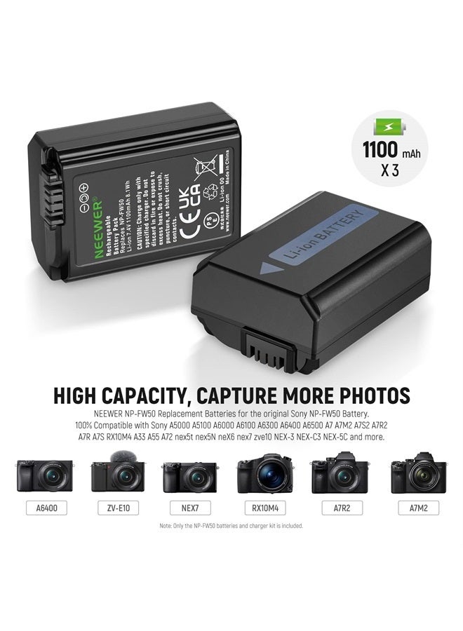 NEEWER NP-FW50 Replacement Battery and Charger Set, 3 Pack 1100mAh NP-FW50 Battery&Triple Slot USB Charger Compatible with Sony ZV-E10 A7 A7R A7RII A7II A7SII A7S A7RII A6300 A6400 A6500 RX10 - Image 5