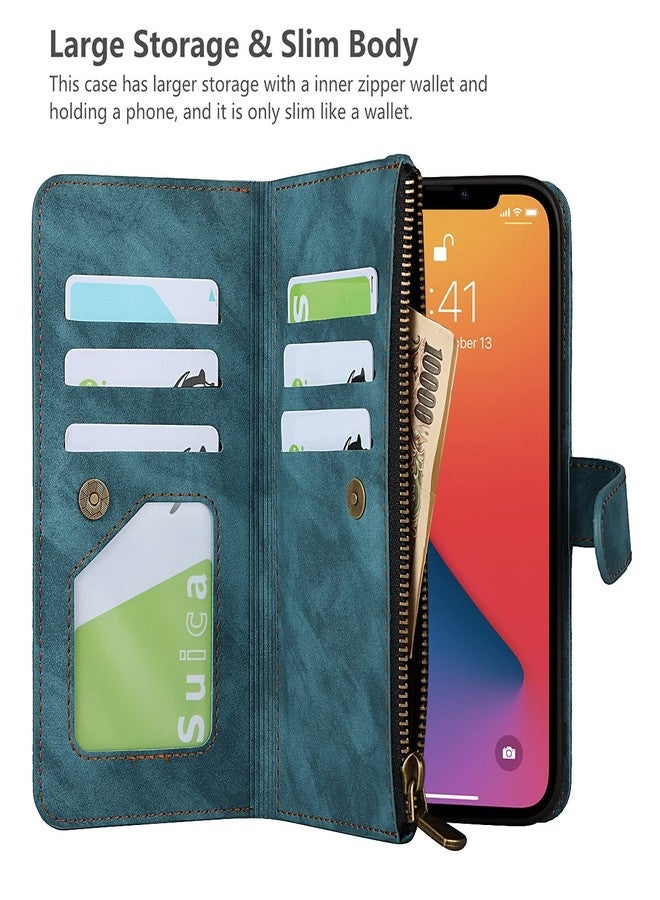 iCoverCase Compatible with iPhone 13 Wallet Phone Case with Card Holder, PU Leather Zipper Pocket Magnetic Detachable Flip Case with Wrist Strap (Blue) - Image 4