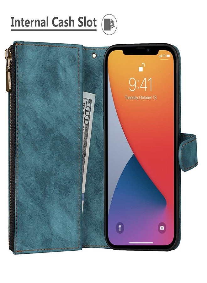 iCoverCase Compatible with iPhone 13 Wallet Phone Case with Card Holder, PU Leather Zipper Pocket Magnetic Detachable Flip Case with Wrist Strap (Blue) - Image 5