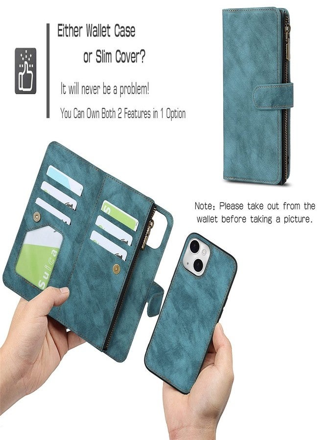 iCoverCase Compatible with iPhone 13 Wallet Phone Case with Card Holder, PU Leather Zipper Pocket Magnetic Detachable Flip Case with Wrist Strap (Blue) - Image 3