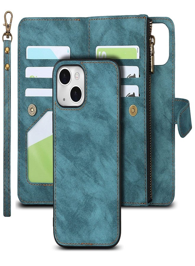 iCoverCase Compatible with iPhone 13 Wallet Phone Case with Card Holder, PU Leather Zipper Pocket Magnetic Detachable Flip Case with Wrist Strap (Blue) - Image 1