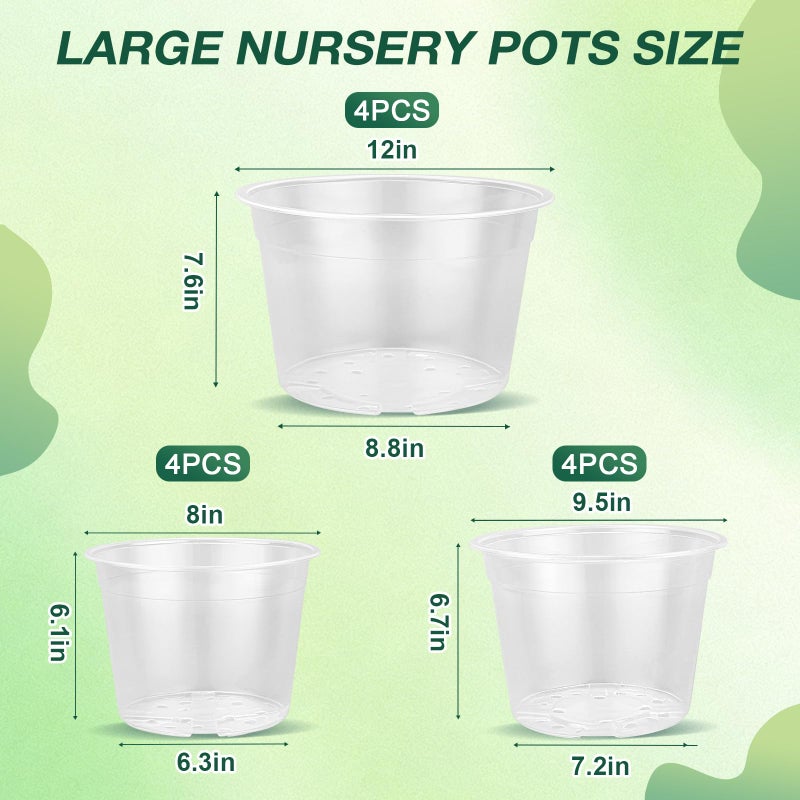 GUGEMEI 12/10/8 Inch Clear Nursery Pots with Drainage Holes, 12 Pack Flexible Large Plant Pots for Plants, Plastic Clear Pots for Seedling, Shrubs, Herbs, Flowers, Vegetables - Image 2