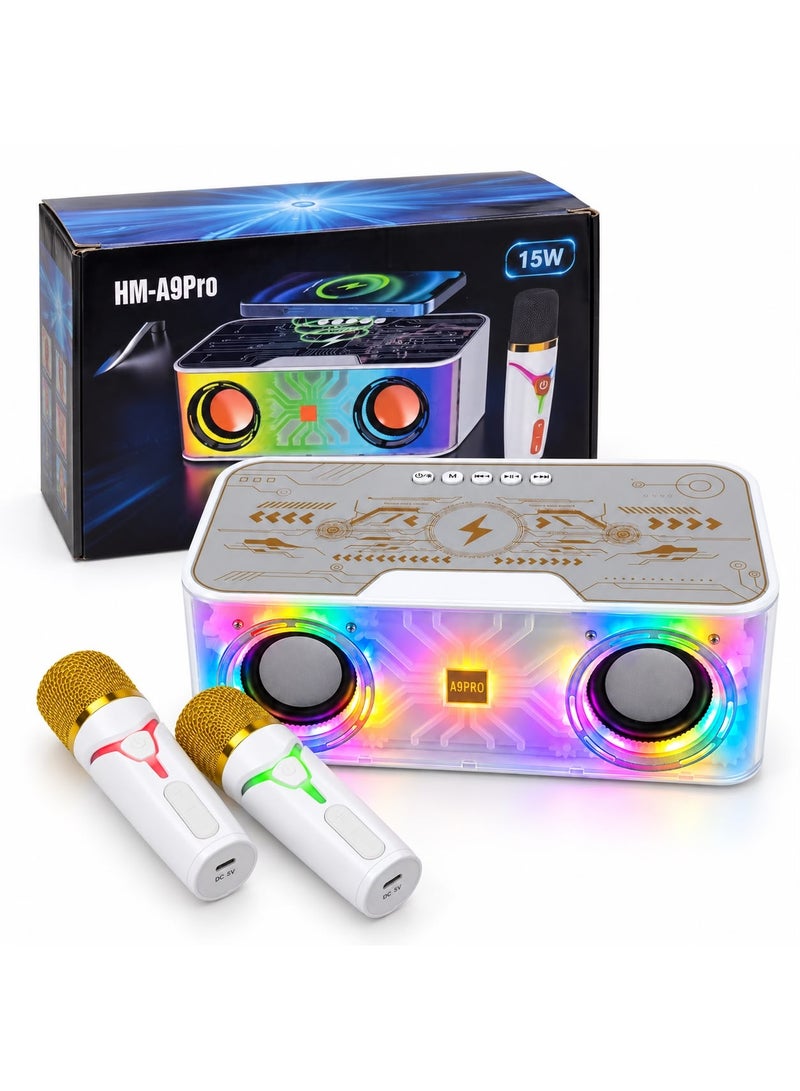 مكبر صوت كاريوكي بلوتوث HM-A9Pro مع 2 ميكروفون لاسلكي، إضاءة LED RGB، وشحن لاسلكي 15 واط - Image 2