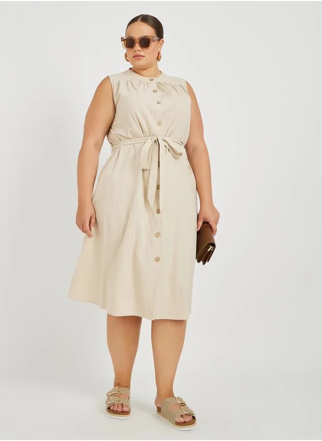 ستايلي Styli Plus Size Sleeveless Buttoned Midi Dress with Tie-Up Belt Detail