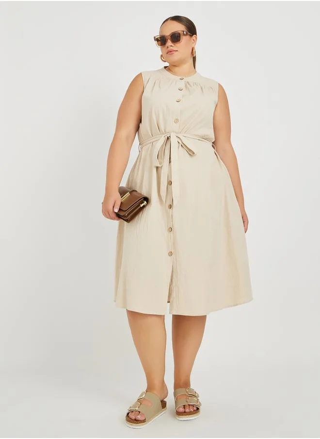ستايلي Styli Plus Size Sleeveless Buttoned Midi Dress with Tie-Up Belt Detail