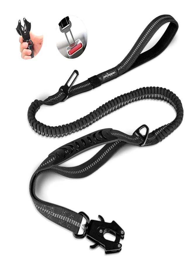 PET PEPPER 5-in-1 Dog Leash - 6 ft Heavy Duty Shock Absorbing Bungee Dog Leash || Highly Reflective Belt with Traffic Handle || Military Grade Metal Clip || Car Seatbelt Buckle (Black)