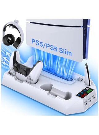 PS5 Slim Stand and Cooling Station with Controller Charging Station for Playsation 5 Slim&Standard Disc/Digital Console, PS5 Accessories Incl. Controller Charger/Turbo Fan/3 USB Hub/Headset holder, White - pzsku/ZF79DE95C967E692BEBADZ/45/_/1705139810/78693ce9-a14a-49b7-9300-5b3b509c3a96