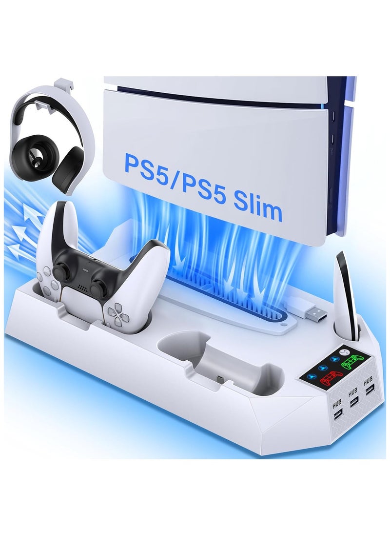 DOBE - PS5 Slim Stand and Cooling Station with Controller Charging Station for Playsation 5 Slim&Standard Disc/Digital Console, PS5 Accessories Incl. Controller Charger/Turbo Fan/3 USB Hub/Headset holder - Image 1