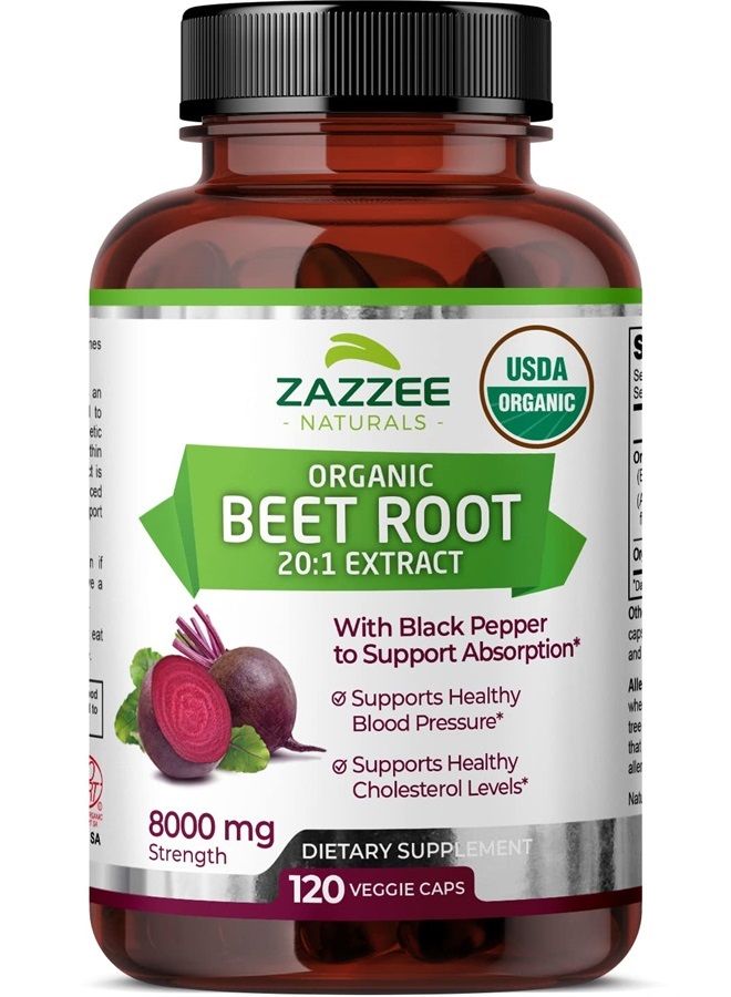Zazzee USDA Organic Extra Strength Beet Root 20:1 Extract, 8000 mg Strength, 120 Veggie Caps, Enhanced Absorption with Organic Black Pepper Extract, Vegan, All-Natural and Non-GMO - Image 1
